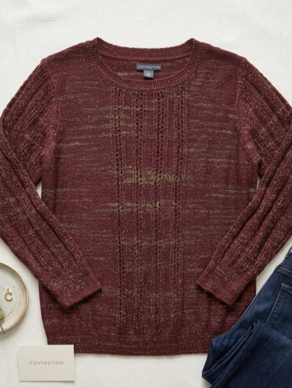 Covington Women's Burgundy Marled Cable Knit Shimmer Sweater Crewneck Slouchy L